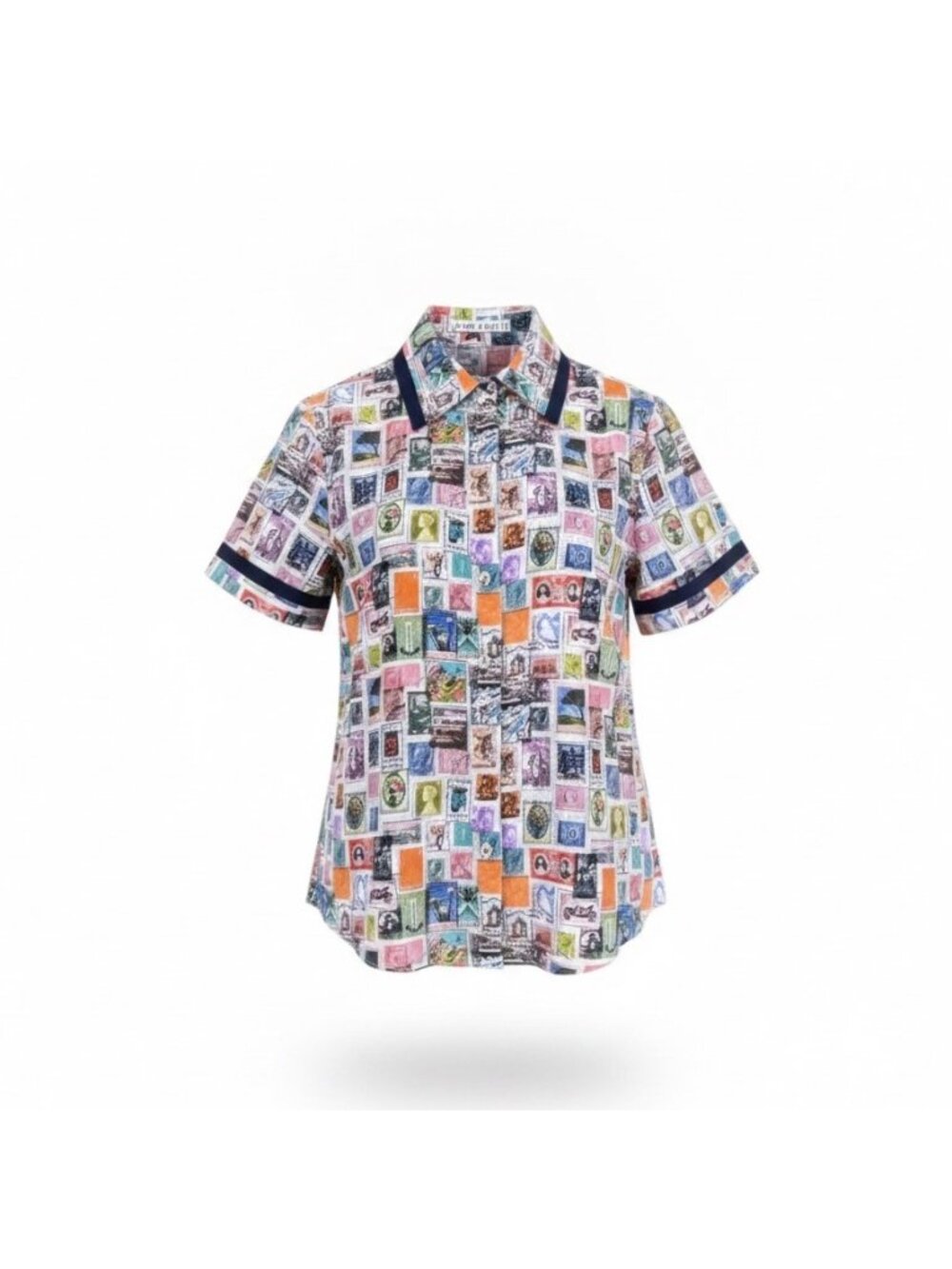 Alice & Olivia Womens Silk Postage Stamp Print Short Sleeve Shirt Sz S